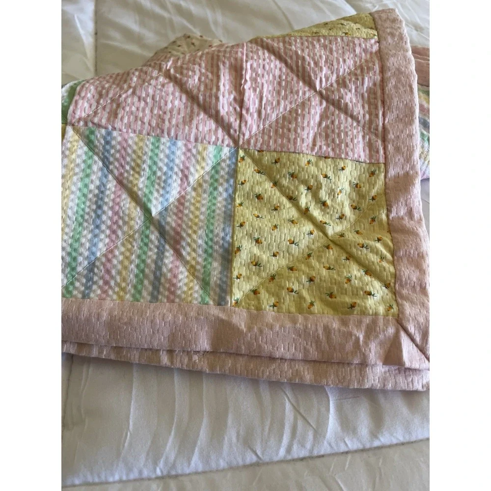 Vintage Baby Blanket Seersucker Quilted Patchwork Soft Pastels Delicate Floral